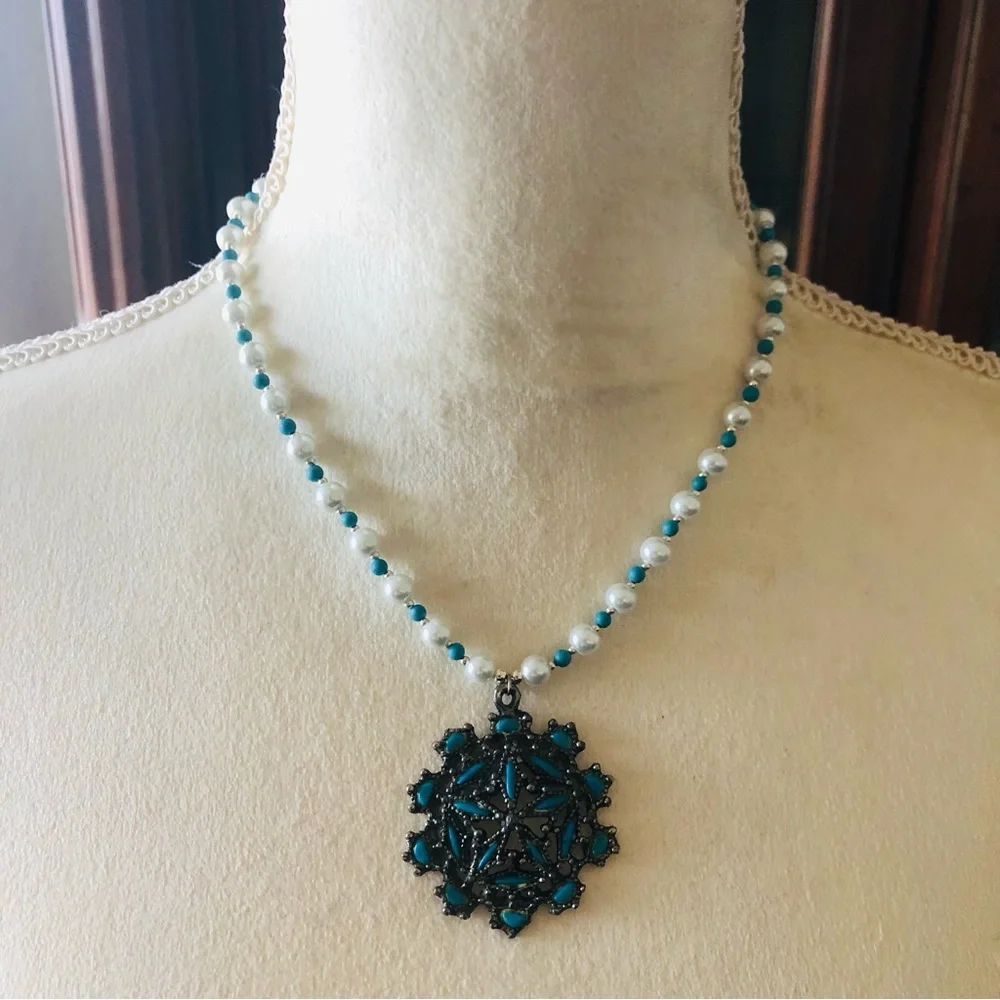 Handcrafted repurpose howlite cluster pendant Czech glass Pearl necklace